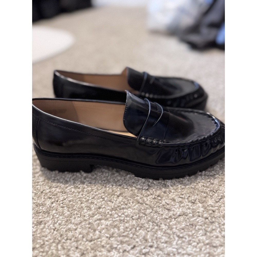 LOFT Black Patent Leather Chunky Loafers Women Size 9 Statement Shoe